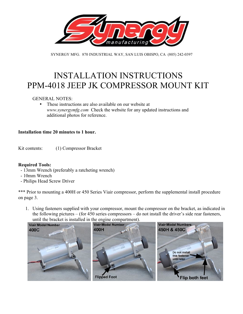 Synergy 4018 - Jeep JK Compressor Mount User Manual | 3 pages