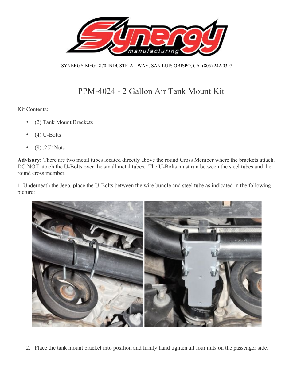 Synergy 4024 - Jeep JK Air Tank Mount User Manual | 2 pages