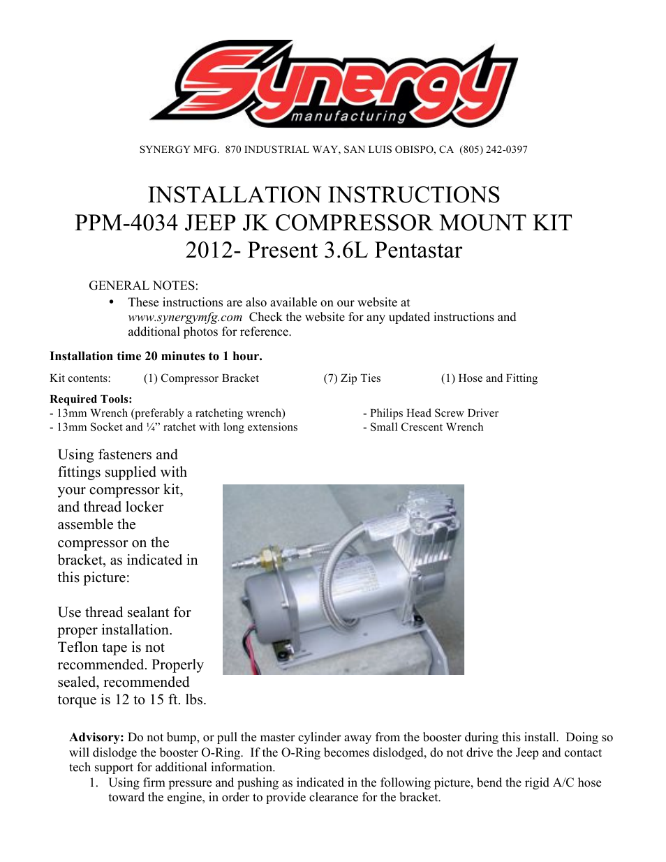 Synergy 4034 - Air Compressor Bracket 12+ JK w/ 3.6L Pentastar User Manual | 4 pages