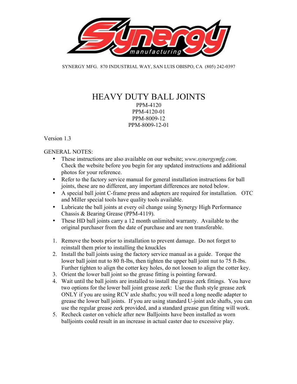 Synergy 8009-12 - Jeep JK Heavy Duty Front Ball Joint Set User Manual | 1 page