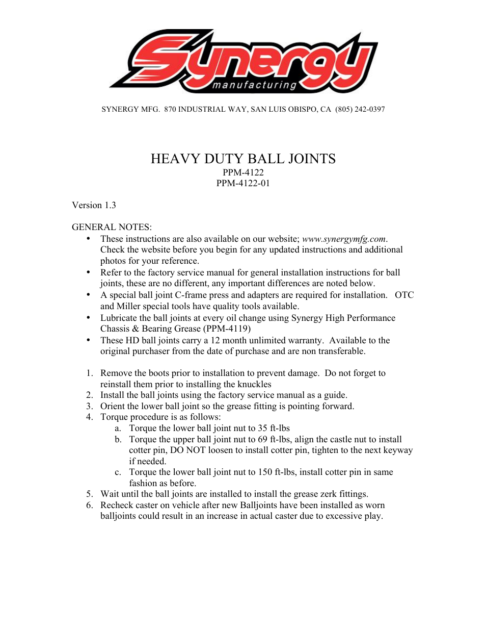 Synergy 4122/22-01 - Heavy Duty Ball Joints User Manual | 1 page