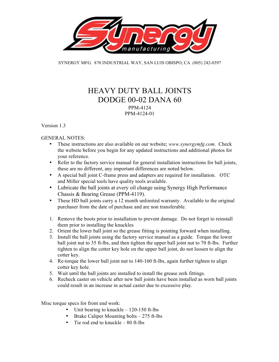 Synergy 4124 - Heavy Duty Ball Joints User Manual | 2 pages