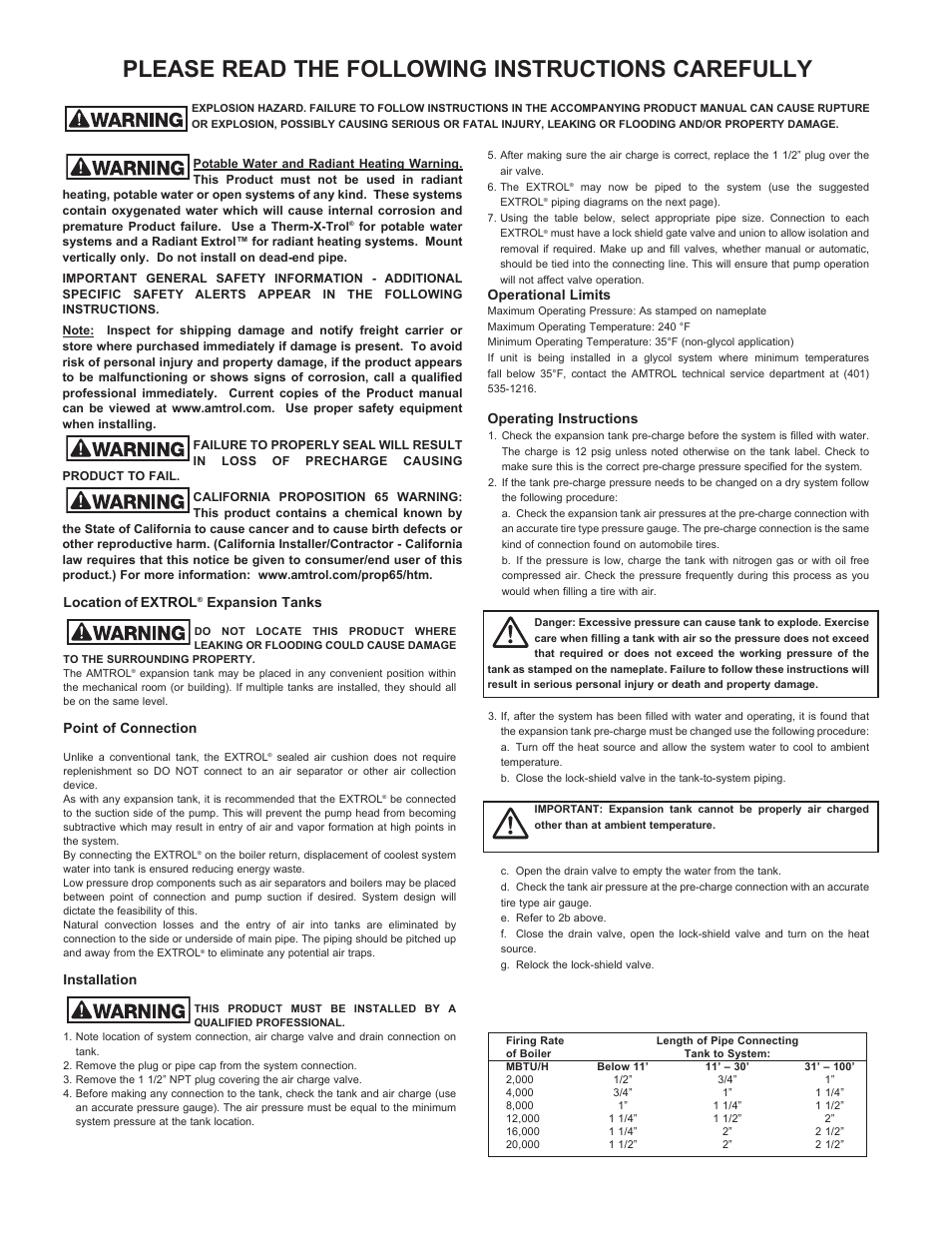 Please read the following instructions carefully, Operational limits, Operating instructions | Location of extrol, Expansion tanks, Point of connection, Installation | Amtrol EXTROL AX-200(V) User Manual | Page 2 / 4