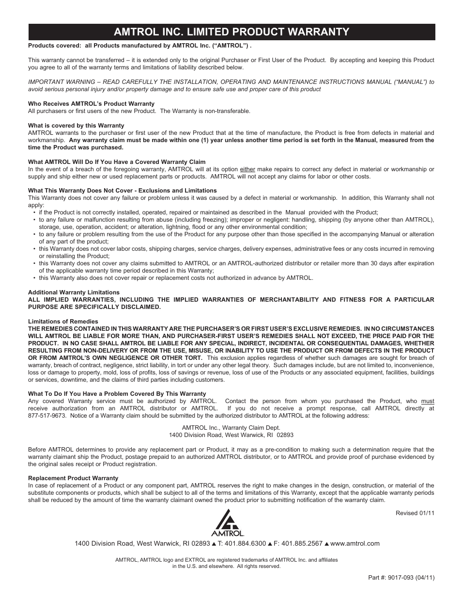 Amtrol inc. limited product warranty | Amtrol EXTROL AX-200(V) User Manual | Page 4 / 4