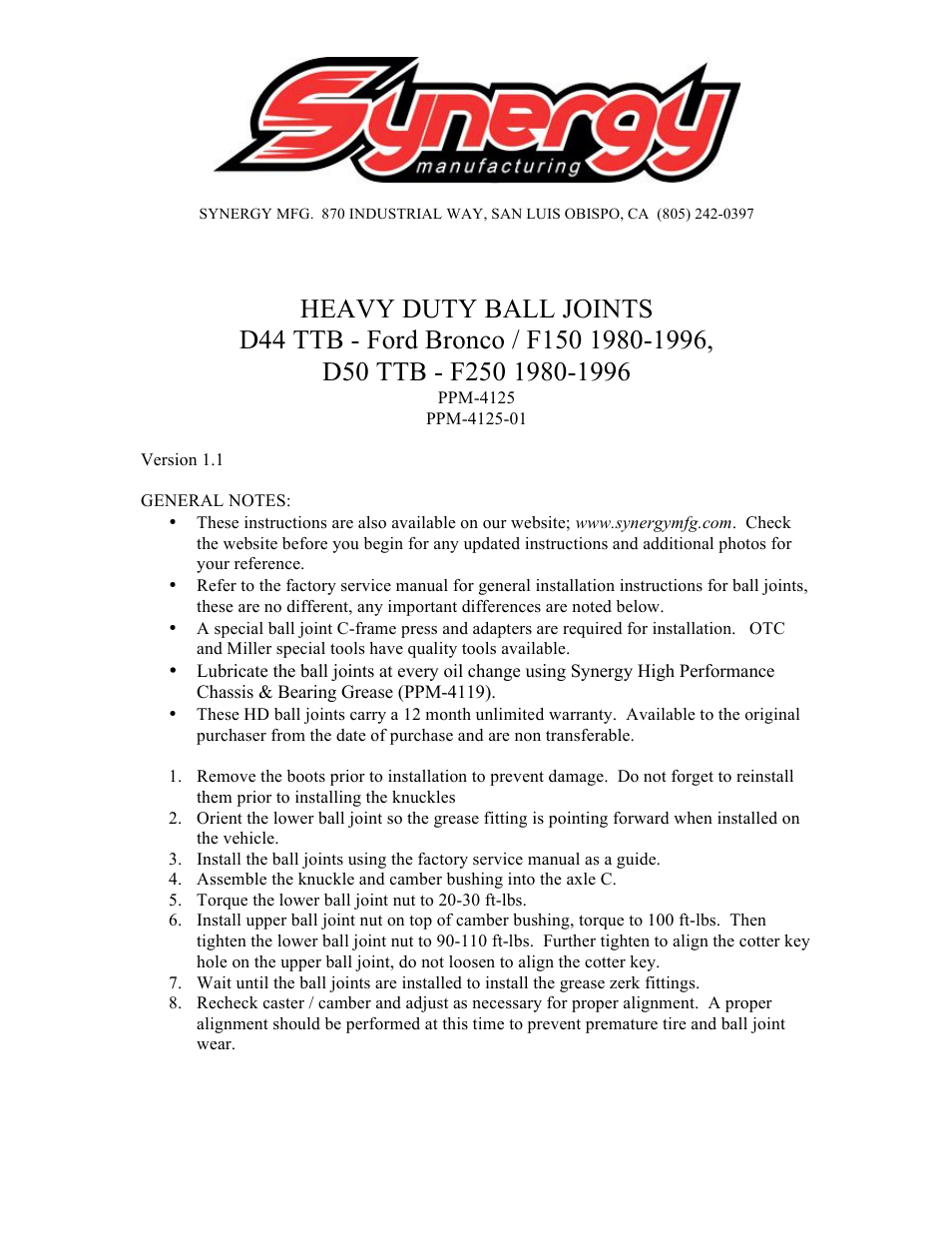 Synergy 4125 - HD Ball Joints for 80-96 Ford Bronco, F150, F250 User Manual | 1 page