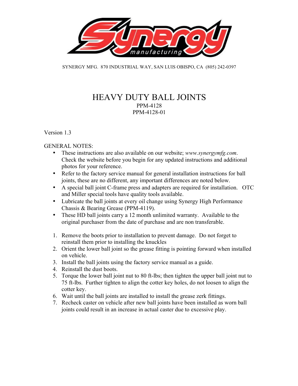 Synergy 4128 - Heavy Duty Ball Joints User Manual | 1 page