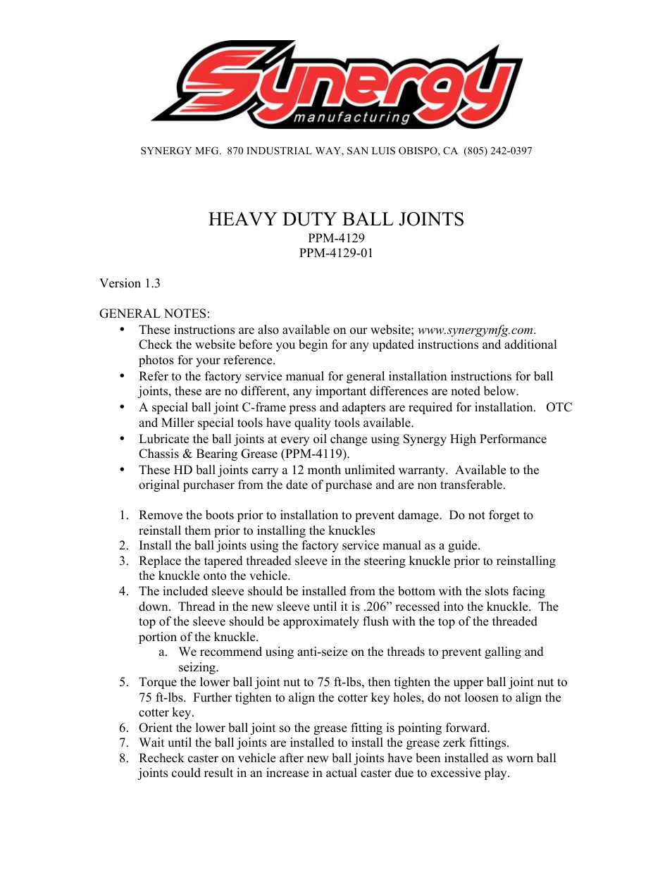 Synergy 4129/29-01 - Jeep XJ Heavy Duty Front Ball Joints User Manual | 2 pages