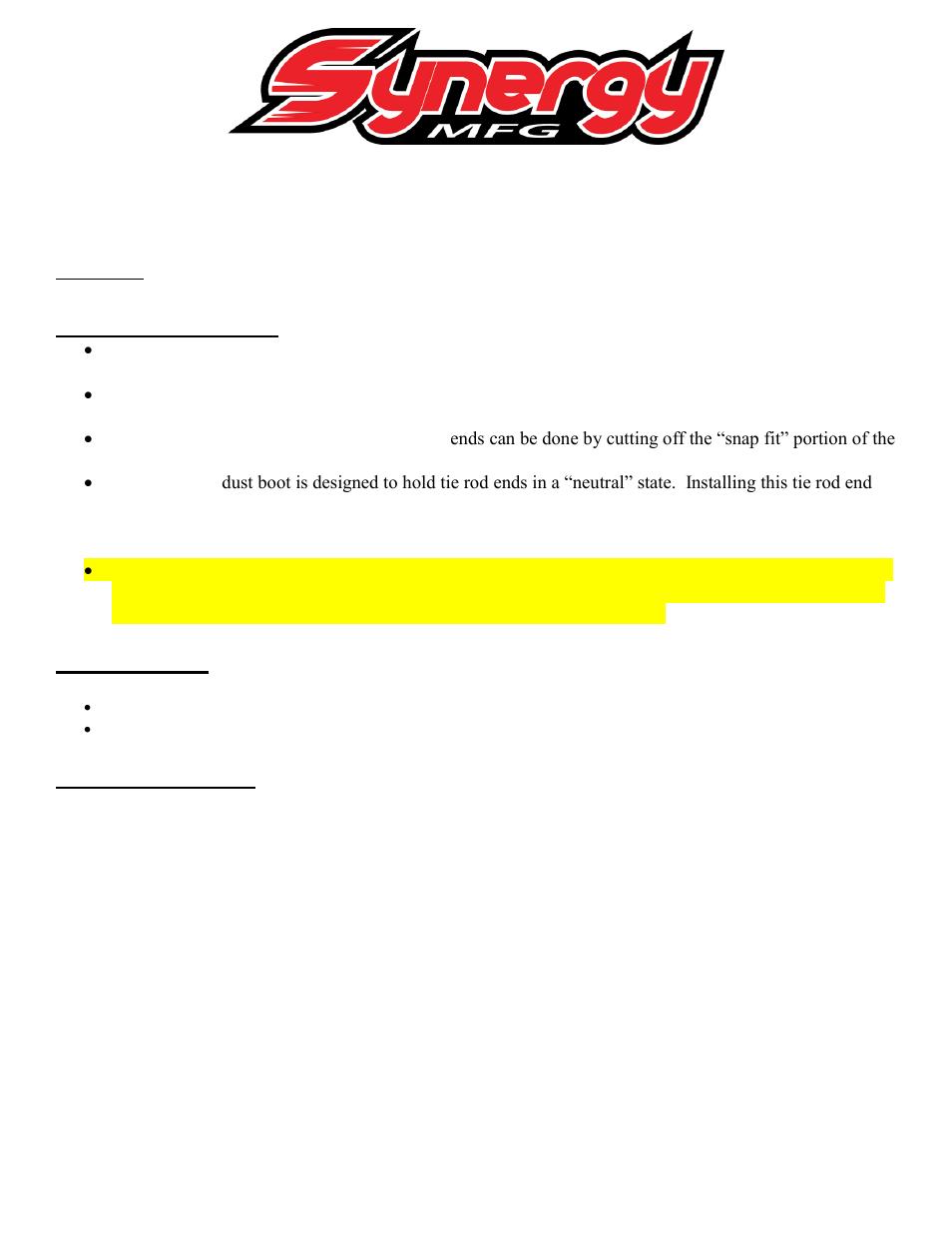 Synergy 413402 - Low Misalignment Tie Rod End Dust Boot User Manual | 3 pages