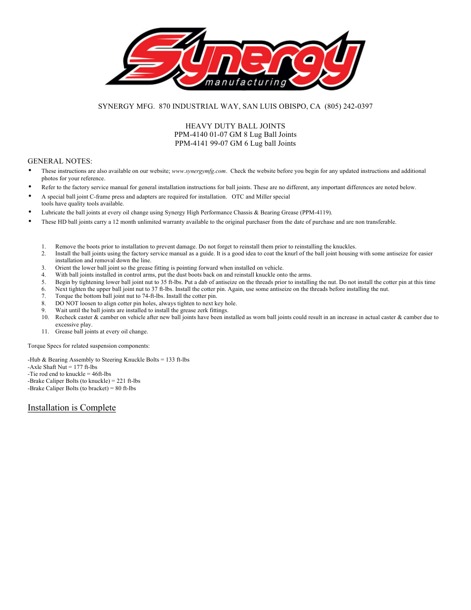 Synergy 414X - GM HD Ball Joints User Manual | 1 page