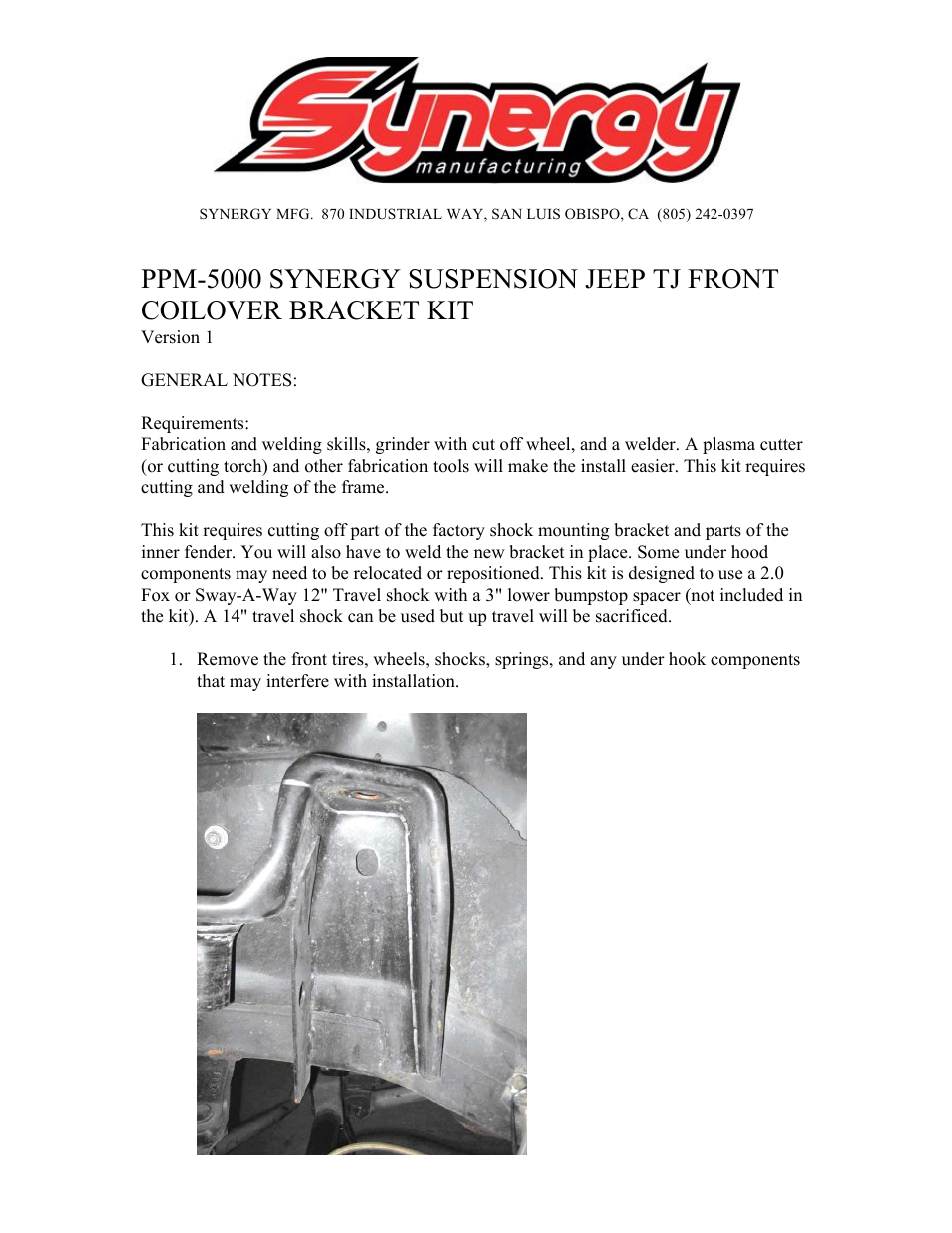 Synergy 5000 - Jeep TJ Front Coilover Bracket Kit User Manual | 4 pages