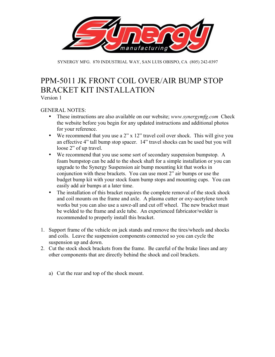 Synergy 5011 - Jeep JK Front Coil Over Mounting Kit User Manual | 17 pages