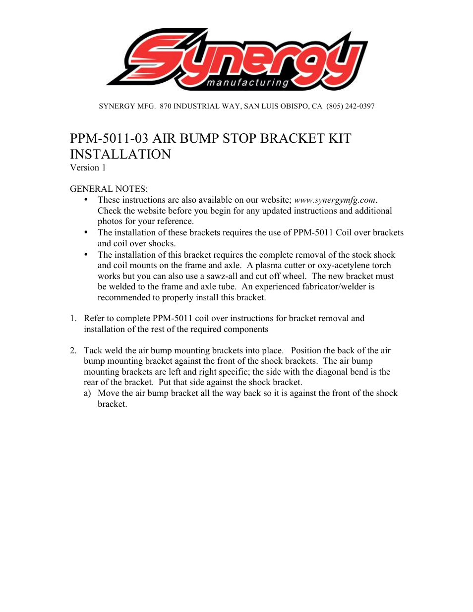 Synergy 5011-03 - Jeep JK Front Air Bump Mounting Kit User Manual | 5 pages