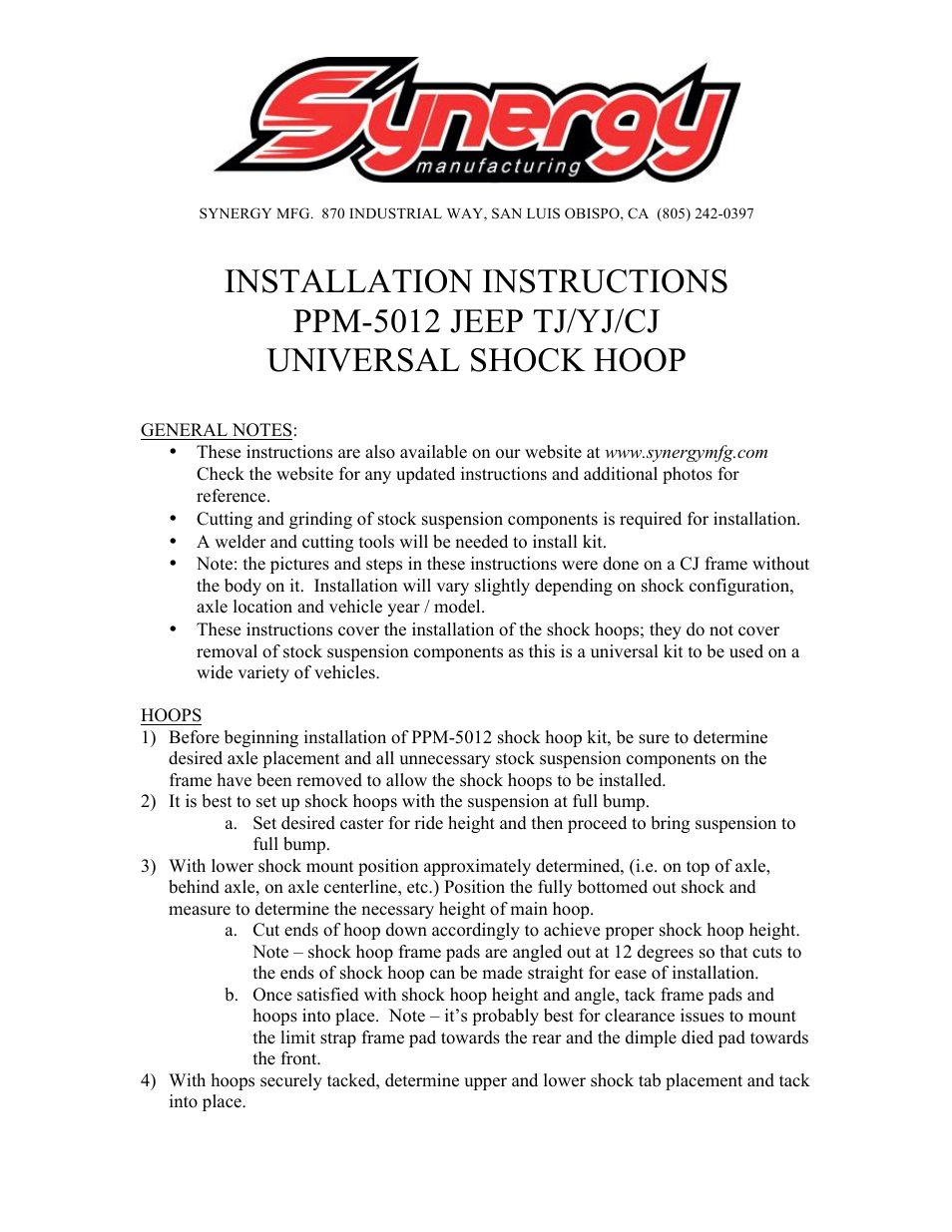 Synergy 5012 - Jeep TJ/YJ/CJ Universal Shock Hoop User Manual | 6 pages
