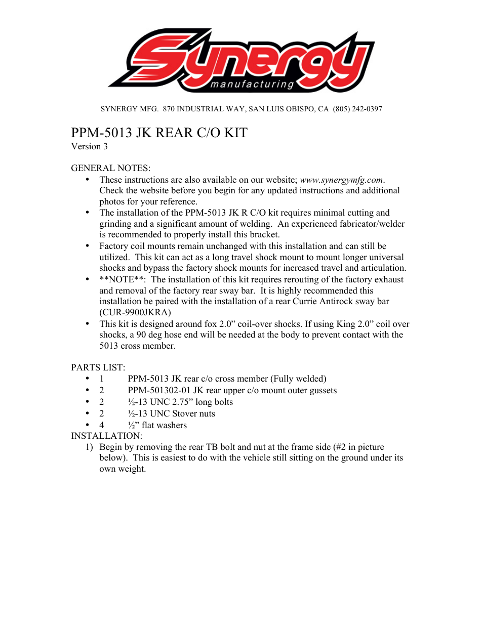 Synergy 5013 - Jeep JK Rear Coilover Kit User Manual | 13 pages