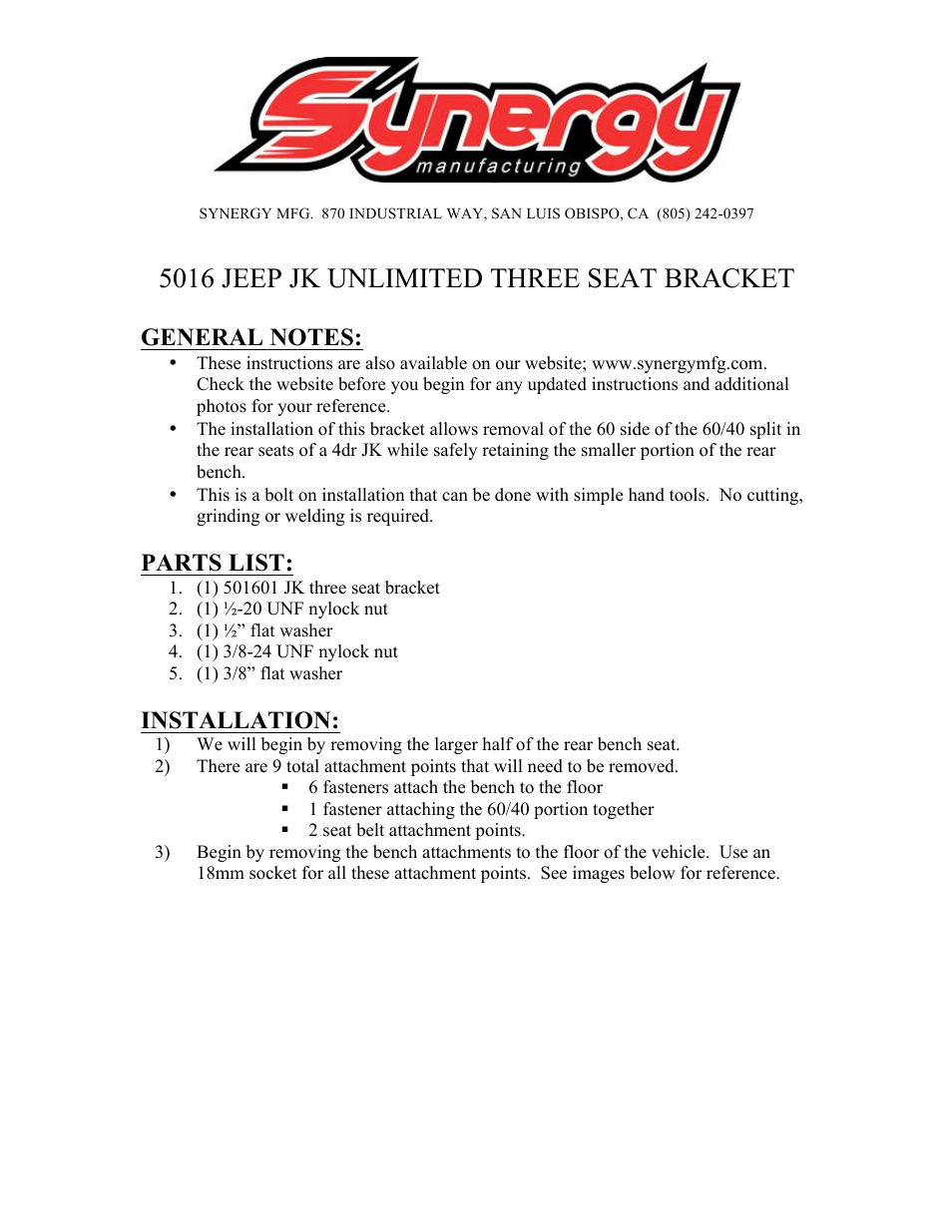 Synergy 5016 - Jeep JK Unlimited Three Seat Bracket User Manual | 7 pages