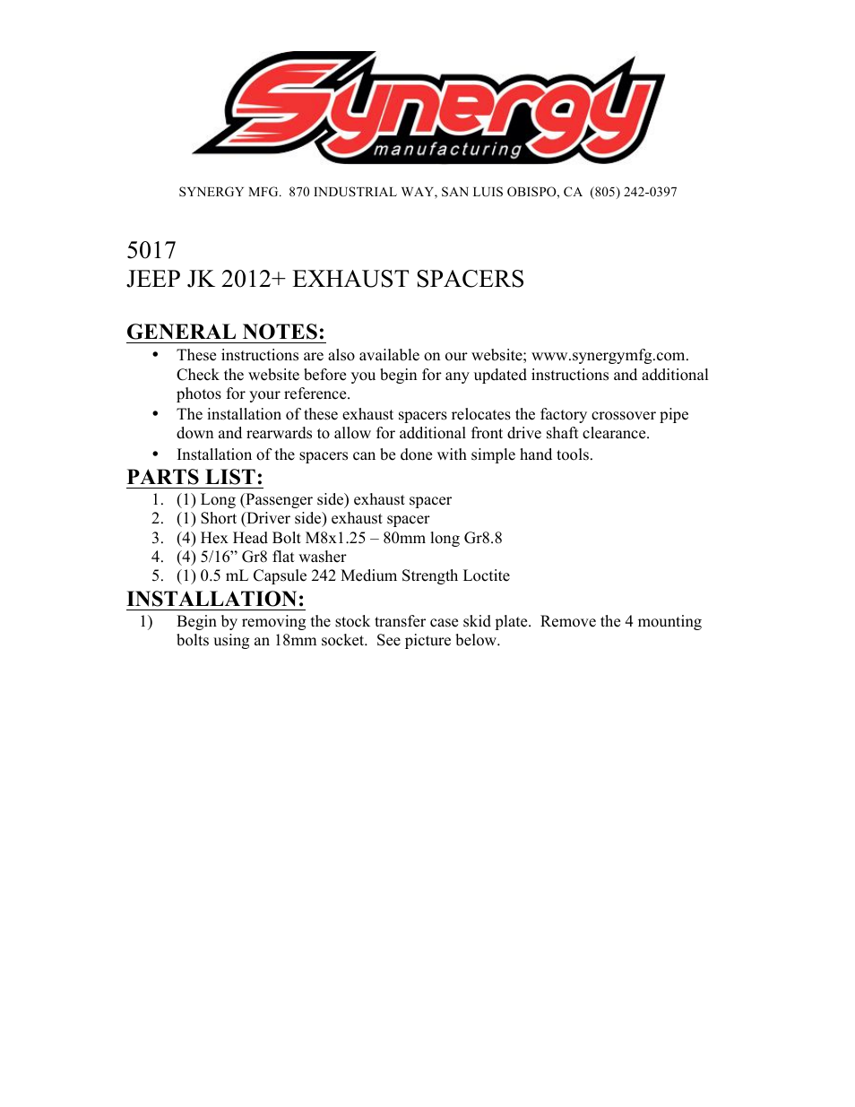 Synergy 5017 - 2012+ Jeep JK Exhaust Spacer Kit User Manual | 9 pages