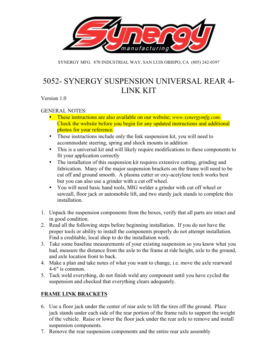 Synergy 5052 - Rear 4 Link Kit (Bronco, Jeep CJ, TJ, YJ, Universal) User Manual | 10 pages