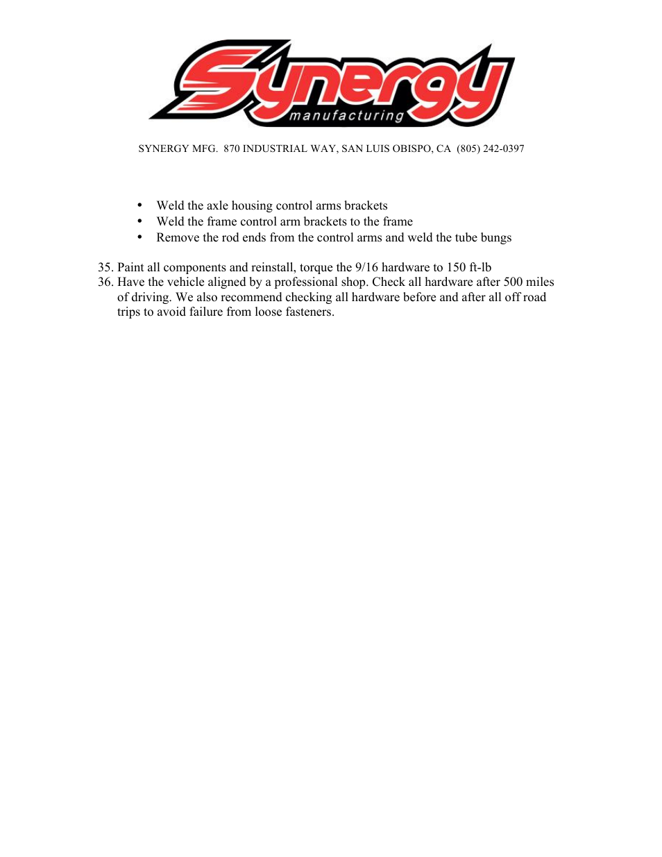 Synergy 5052 - Rear 4 Link Kit (Bronco, Jeep CJ, TJ, YJ, Universal) User Manual | Page 10 / 10