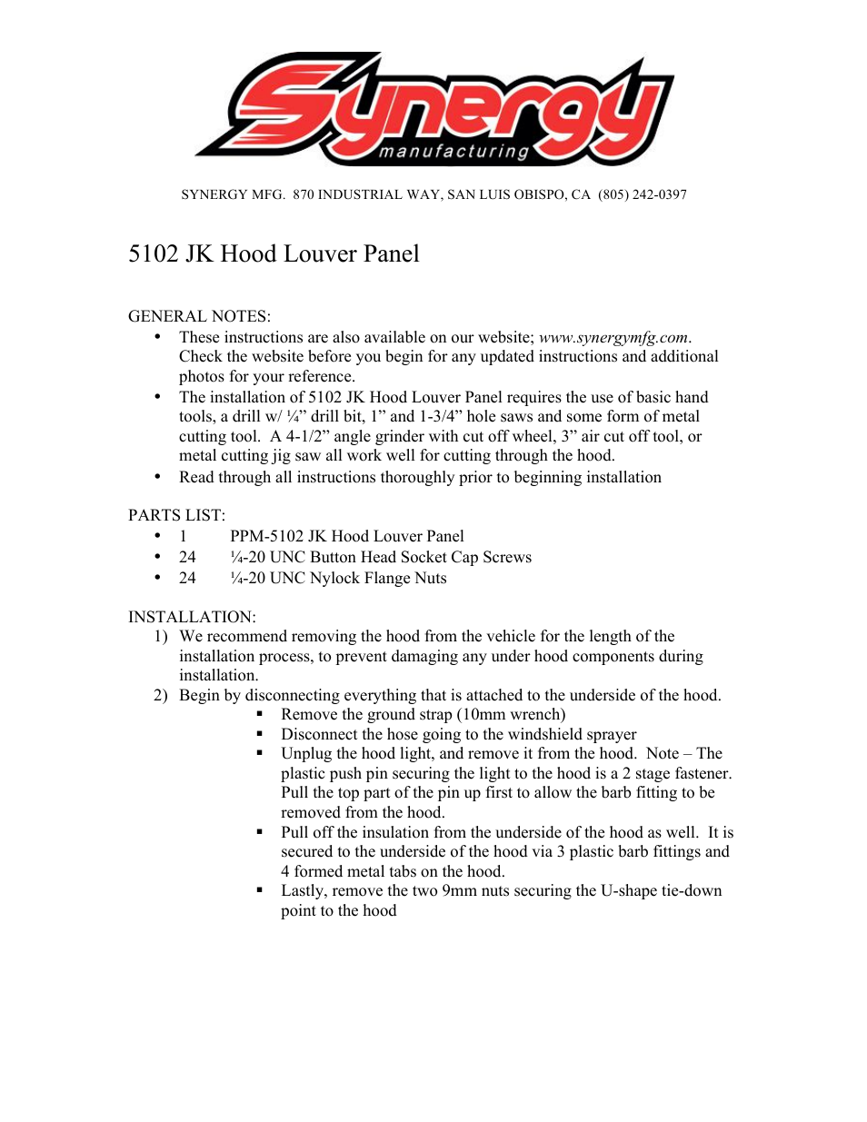 Synergy 5102-0X - Jeep JK Louvered Hood Panel User Manual | 13 pages