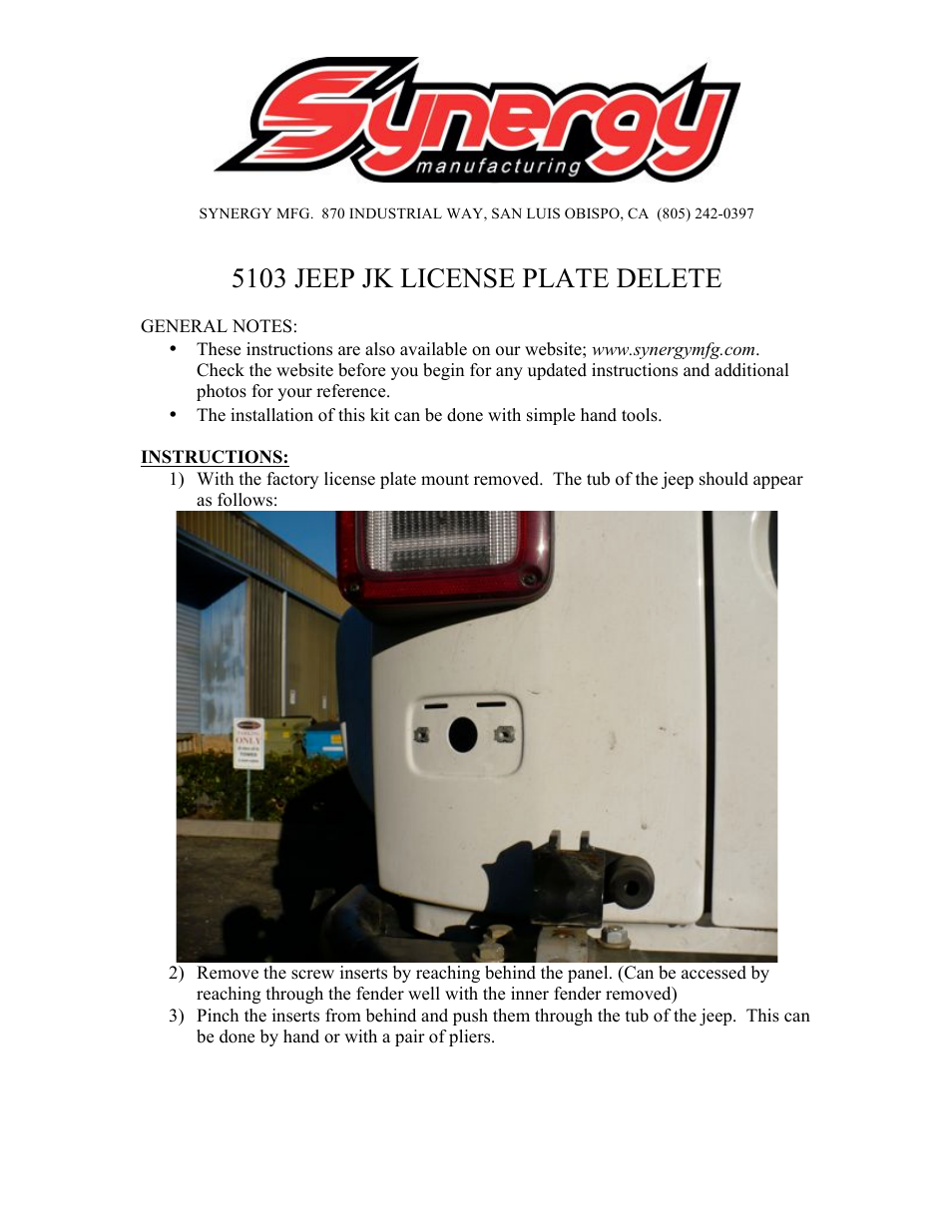 Synergy 5103 - Jeep JK License Plate Delete Panel User Manual | 3 pages