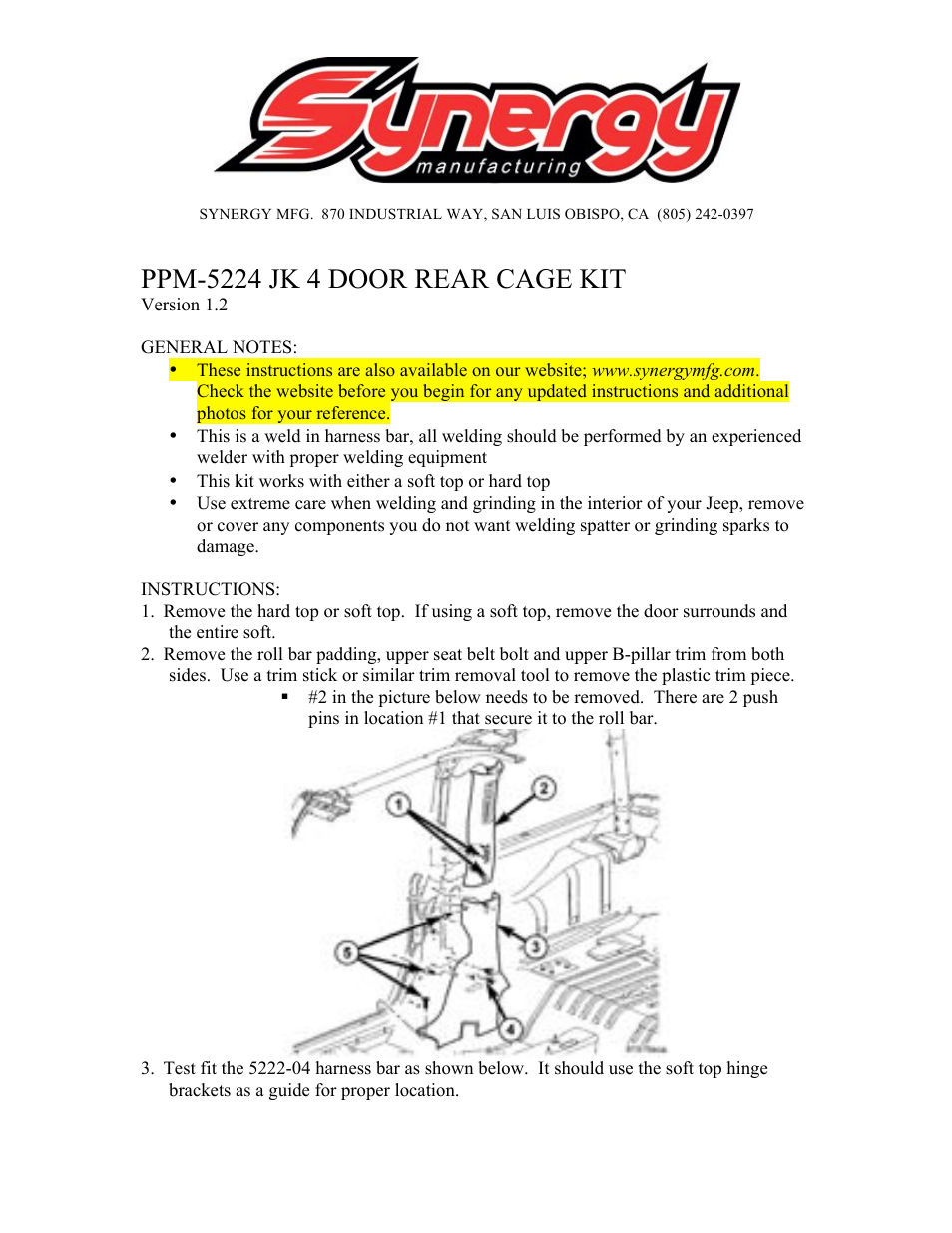 Synergy 5222-04 - Jeep JK 2 Door Weld-In Harness Bar User Manual | 6 pages