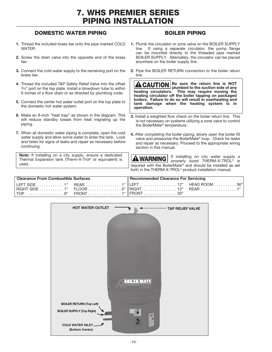 Whs premier series piping installation, Domestic water piping, Boiler piping | Amtrol BoilerMate Top Down User Manual | Page 10 / 32