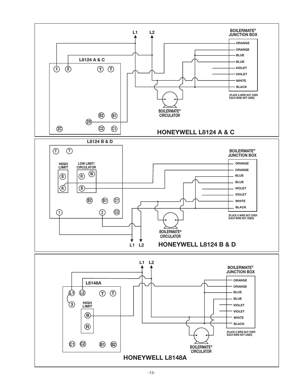 Honeywell l8124 a & c, Honeywell l8124 b & d, Honeywell l8148a | Amtrol BoilerMate Top Down User Manual | Page 13 / 32