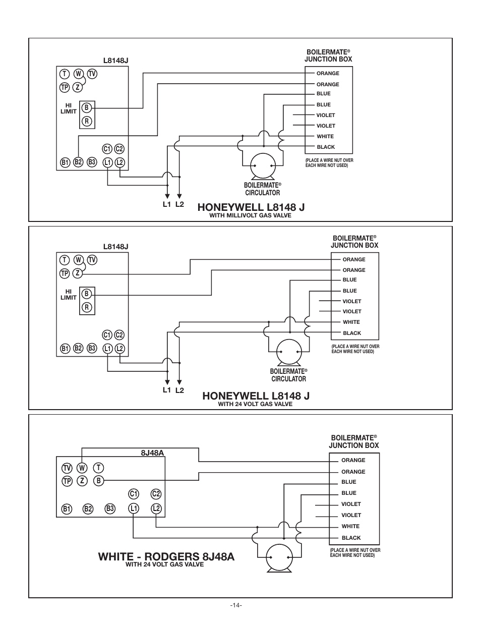 White - rodgers 8j48 a, White - rodgers 8j48a, Honeywell l8148 j | Amtrol BoilerMate Top Down User Manual | Page 14 / 32