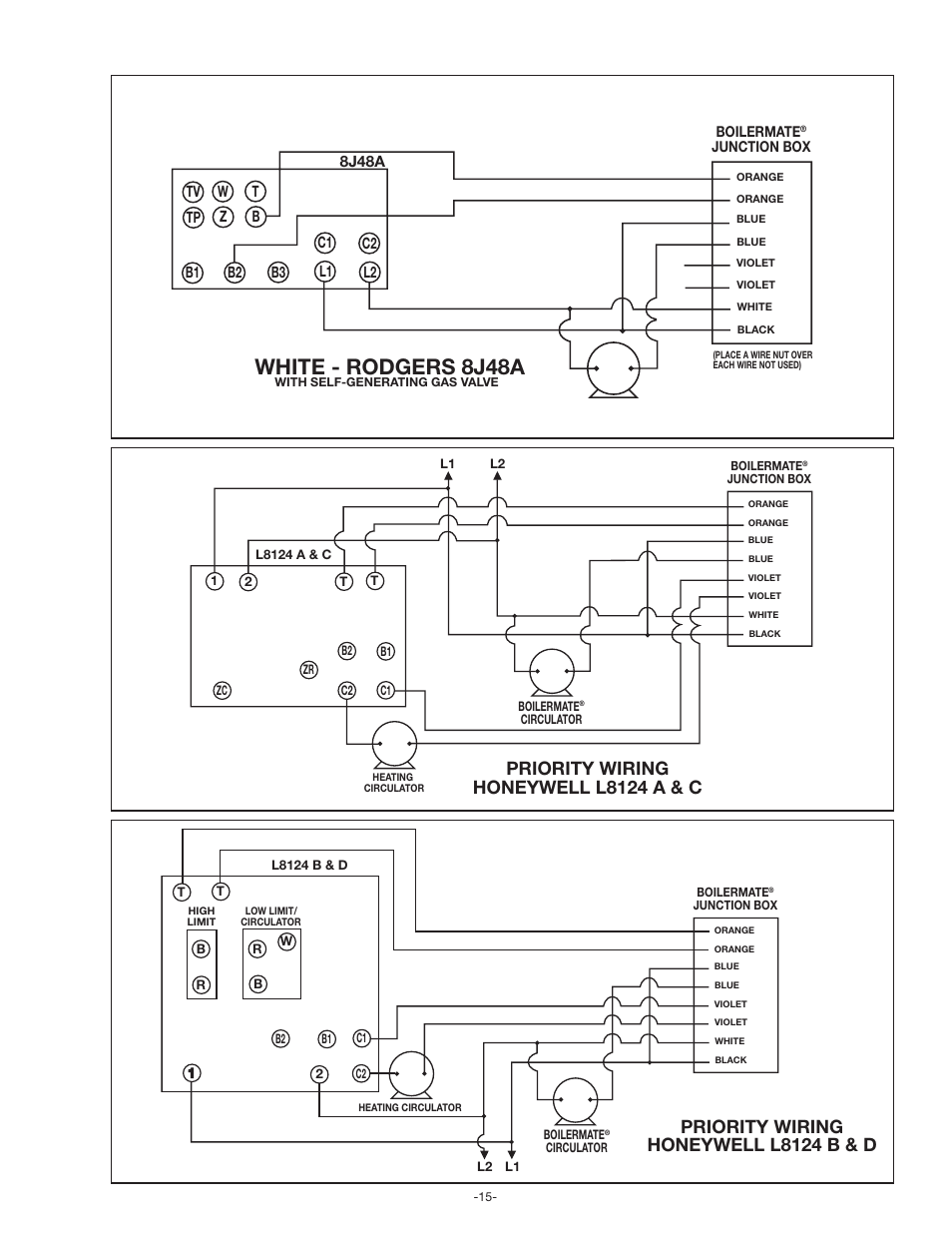 White - rodgers 8j48a, Priority wiring honeywell l8124 a & c, Priority wiring honeywell l8124 b & d | Amtrol BoilerMate Top Down User Manual | Page 15 / 32