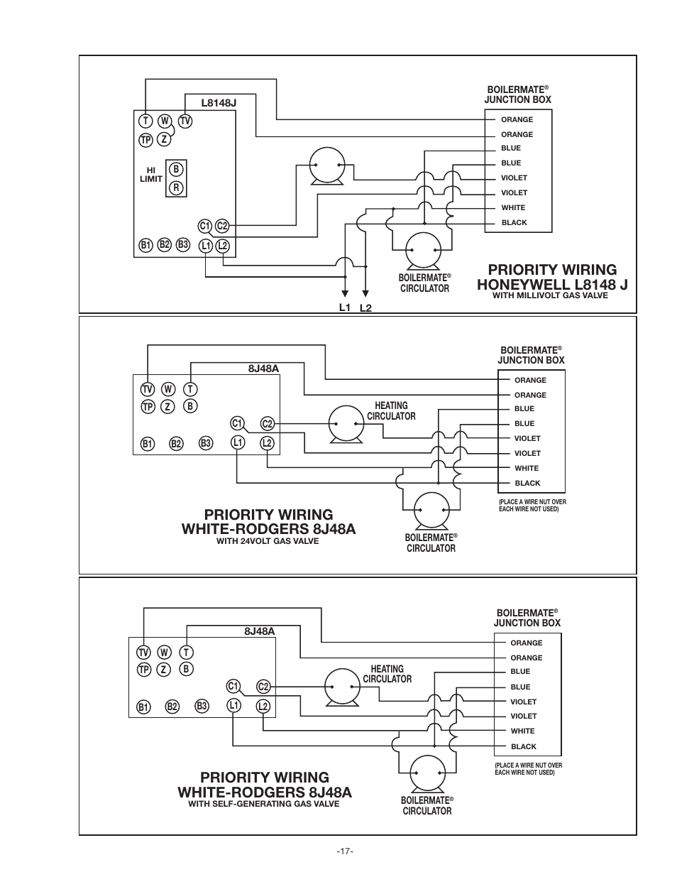 Priority wiring honeywell l8148 j, Priority wiring white-rodgers 8j48a | Amtrol BoilerMate Top Down User Manual | Page 17 / 32