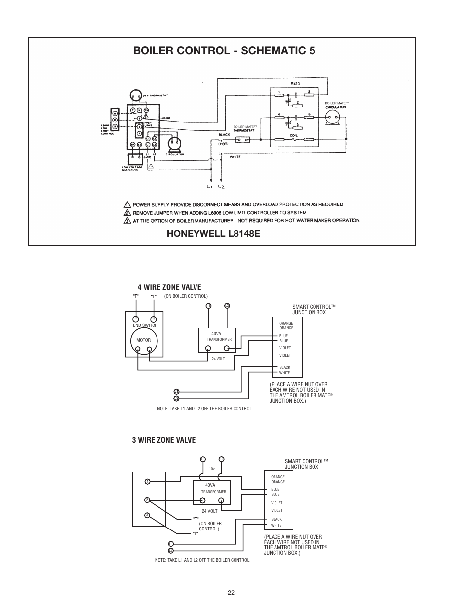 Boiler control - schematic 5, Honeywell l8148e, 4 wire zone valve | 3 wire zone valve | Amtrol BoilerMate Top Down User Manual | Page 22 / 32