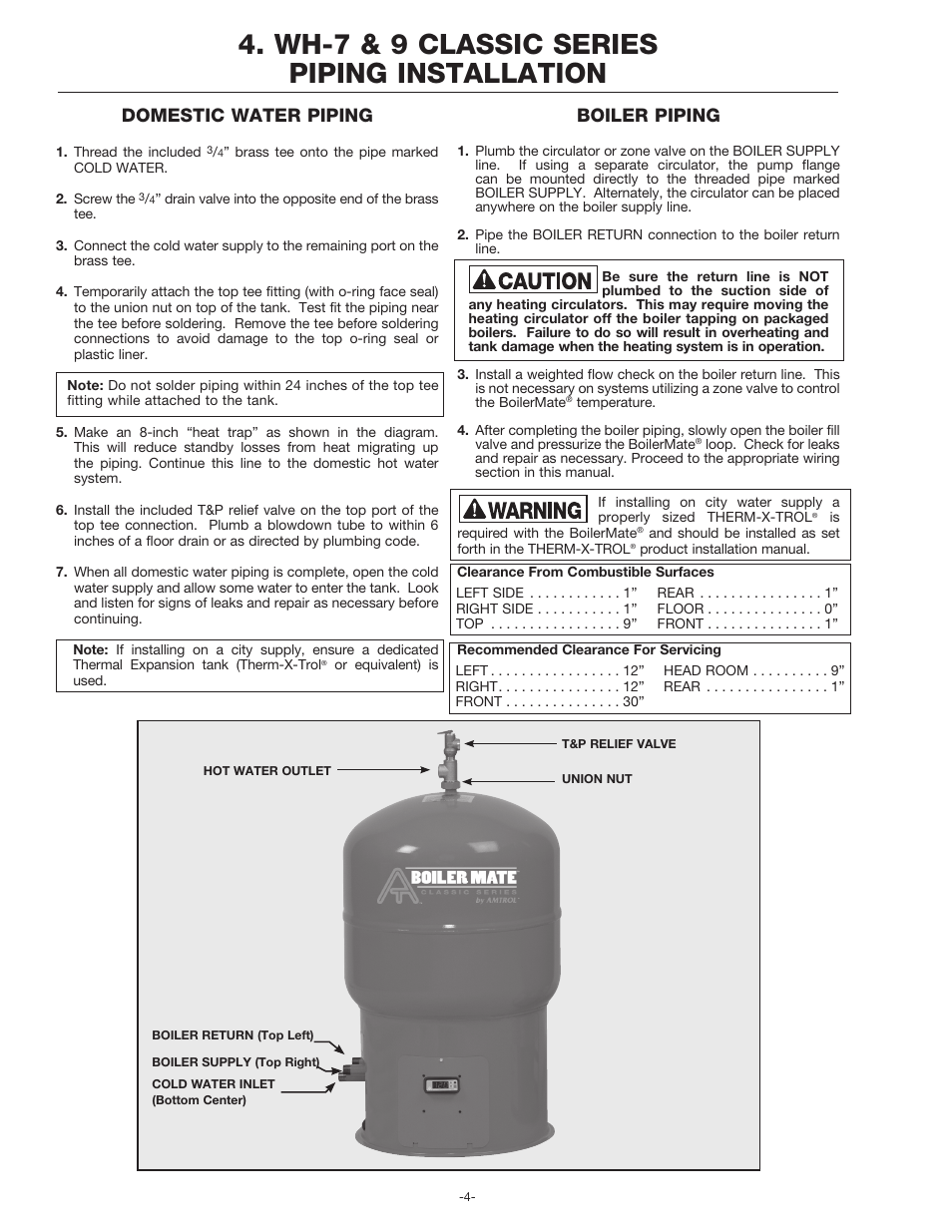 Wh-7 & 9 classic series piping installation, Domestic water piping, Boiler piping | Amtrol BoilerMate Top Down User Manual | Page 4 / 32