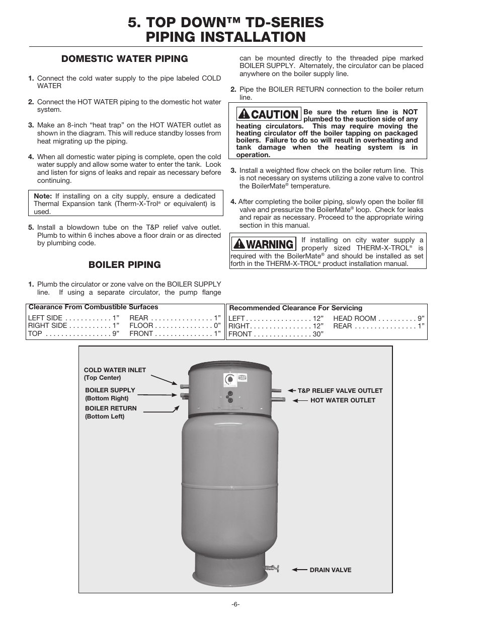 Top down™ td-series piping installation, Domestic water piping, Boiler piping | Amtrol BoilerMate Top Down User Manual | Page 6 / 32