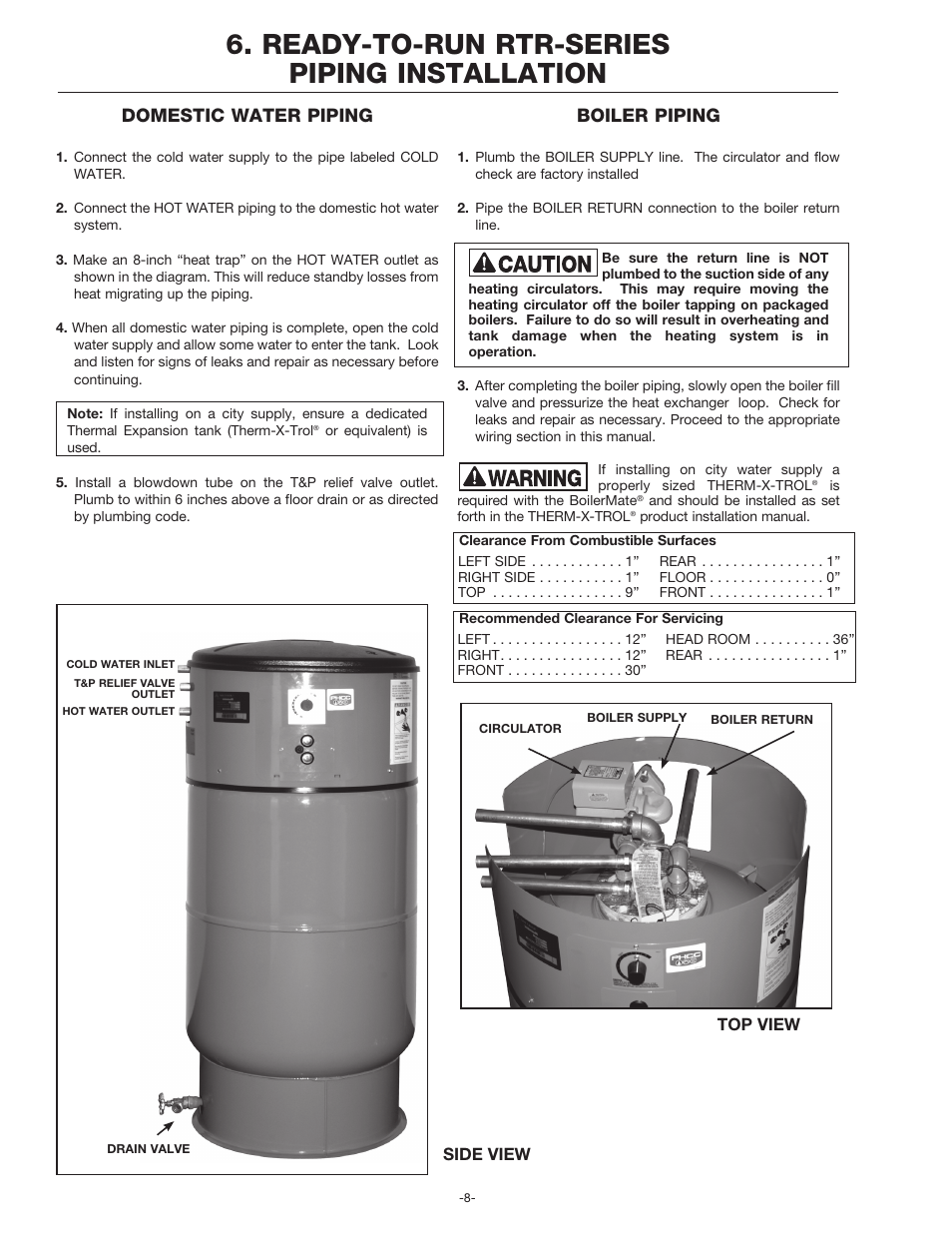 Ready-to-run rtr-series piping installation, Domestic water piping, Boiler piping | Amtrol BoilerMate Top Down User Manual | Page 8 / 32