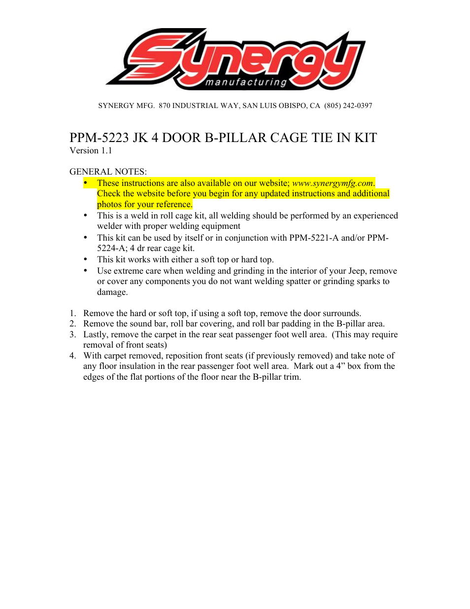 Synergy 5223 - JK 4 Door B-Pillar Cage Kit User Manual | 15 pages