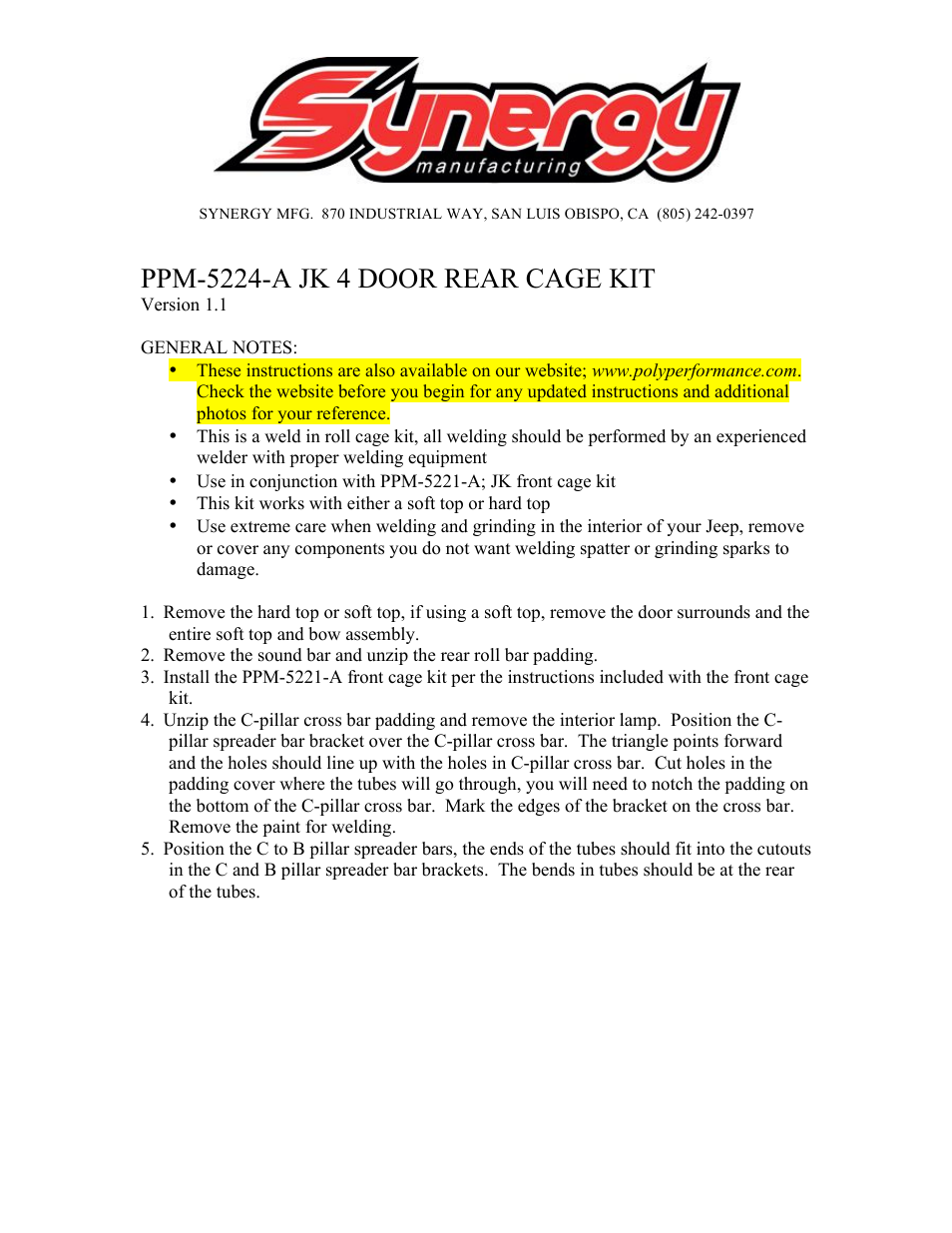 Synergy 5224-A - Jeep JK 4 Door Rear Cage Kit User Manual | 11 pages