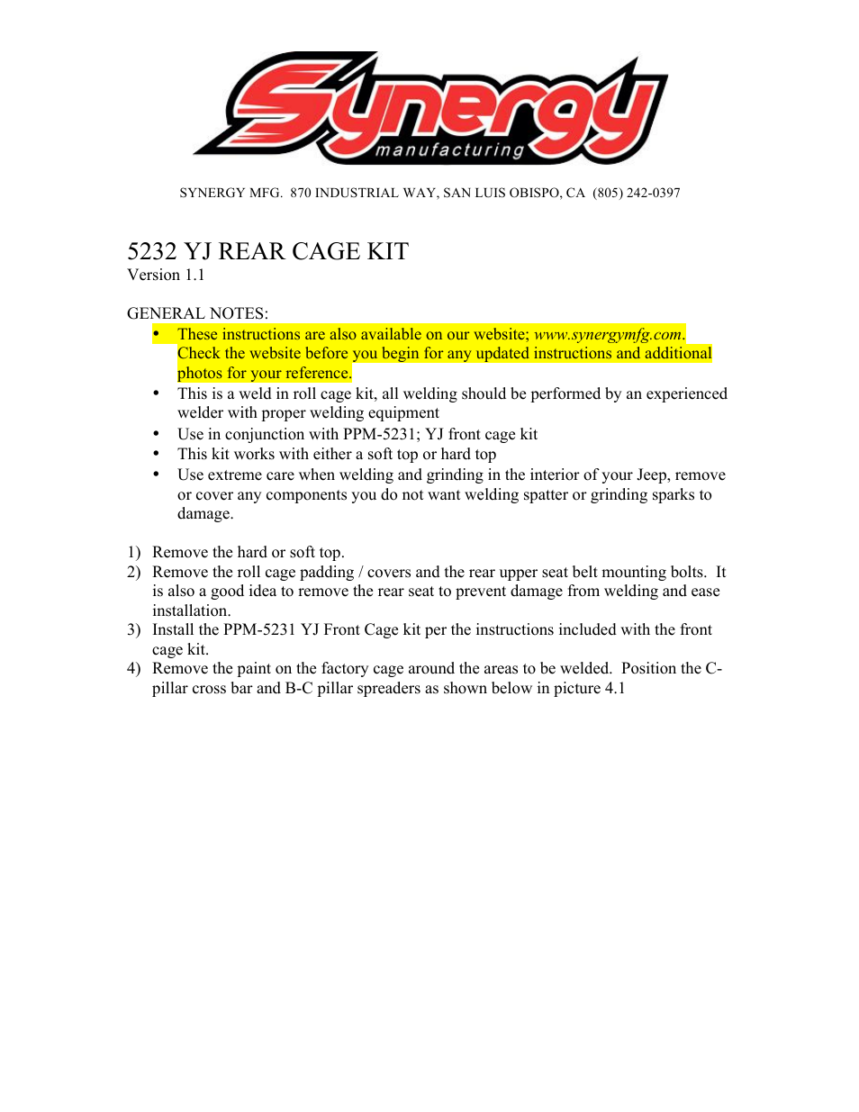 Synergy 5232-3 - Jeep YJ Rear Cage Kit User Manual | 8 pages