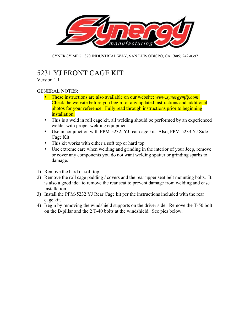 Synergy 523X - Jeep YJ Cage Kit User Manual | 14 pages