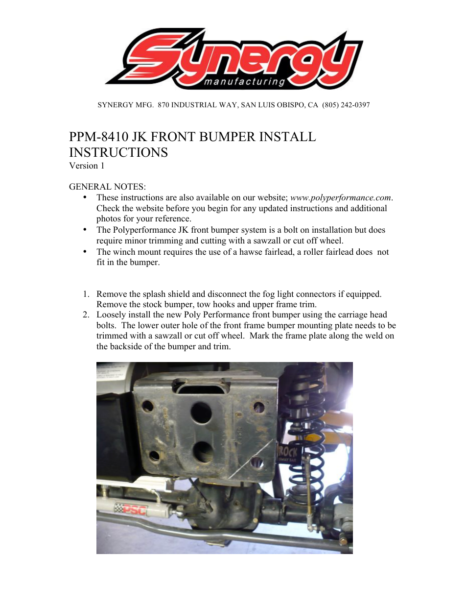 Synergy 5410 - Jeep JK Front Bumper User Manual | 12 pages