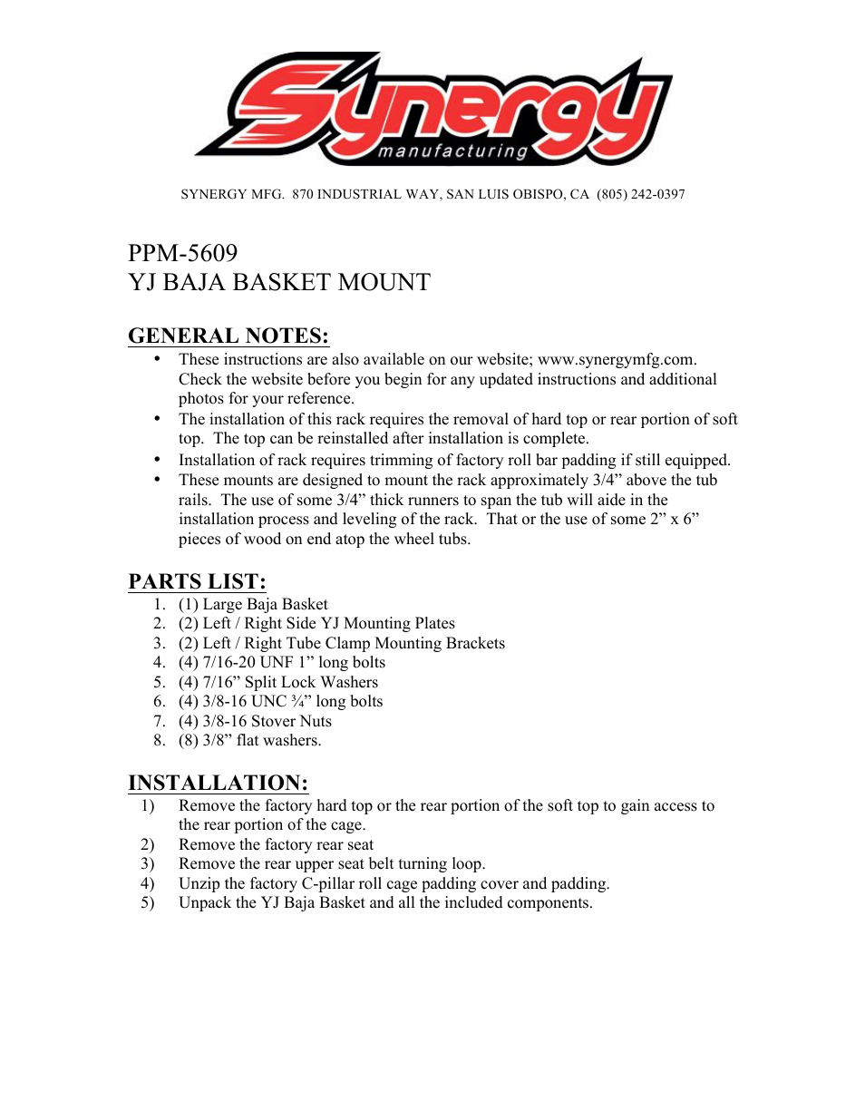 Synergy 5609 - Jeep YJ Baja Basket User Manual | 5 pages