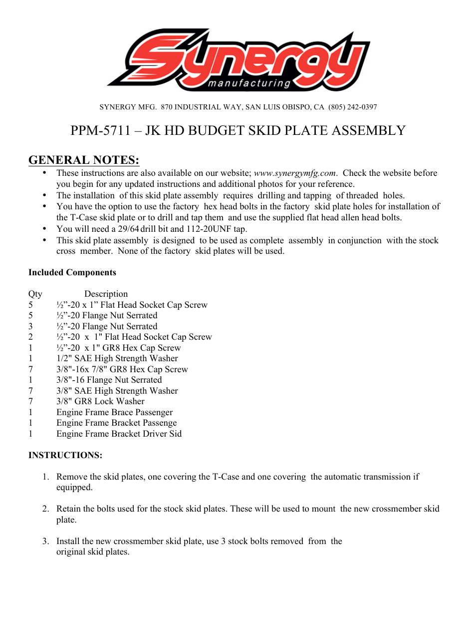 Synergy 5711 - Jeep JK Budget Skid Plate System User Manual | 5 pages