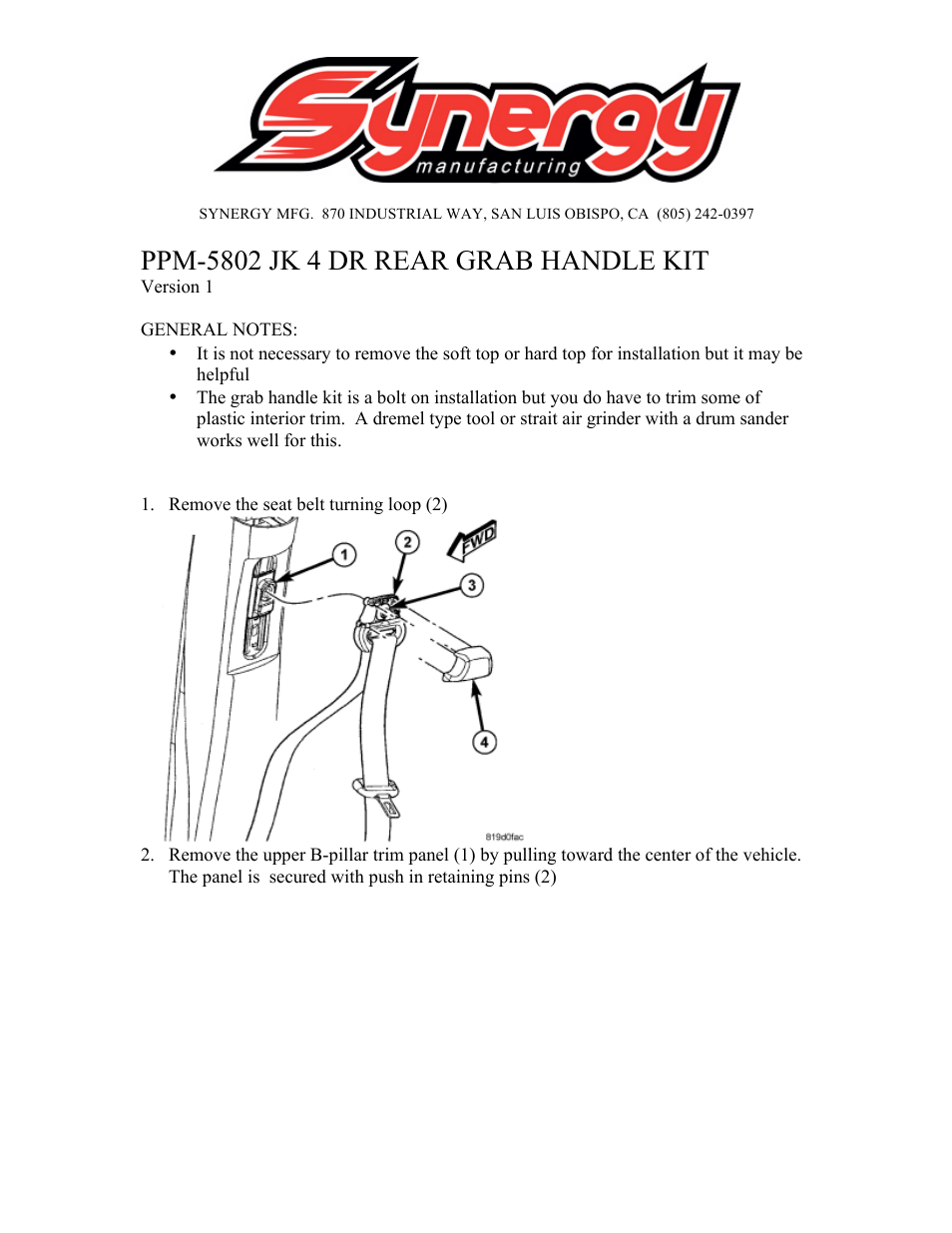 Synergy 5802 - Jeep JK 4 Dr Rear Grab Handle User Manual | 5 pages