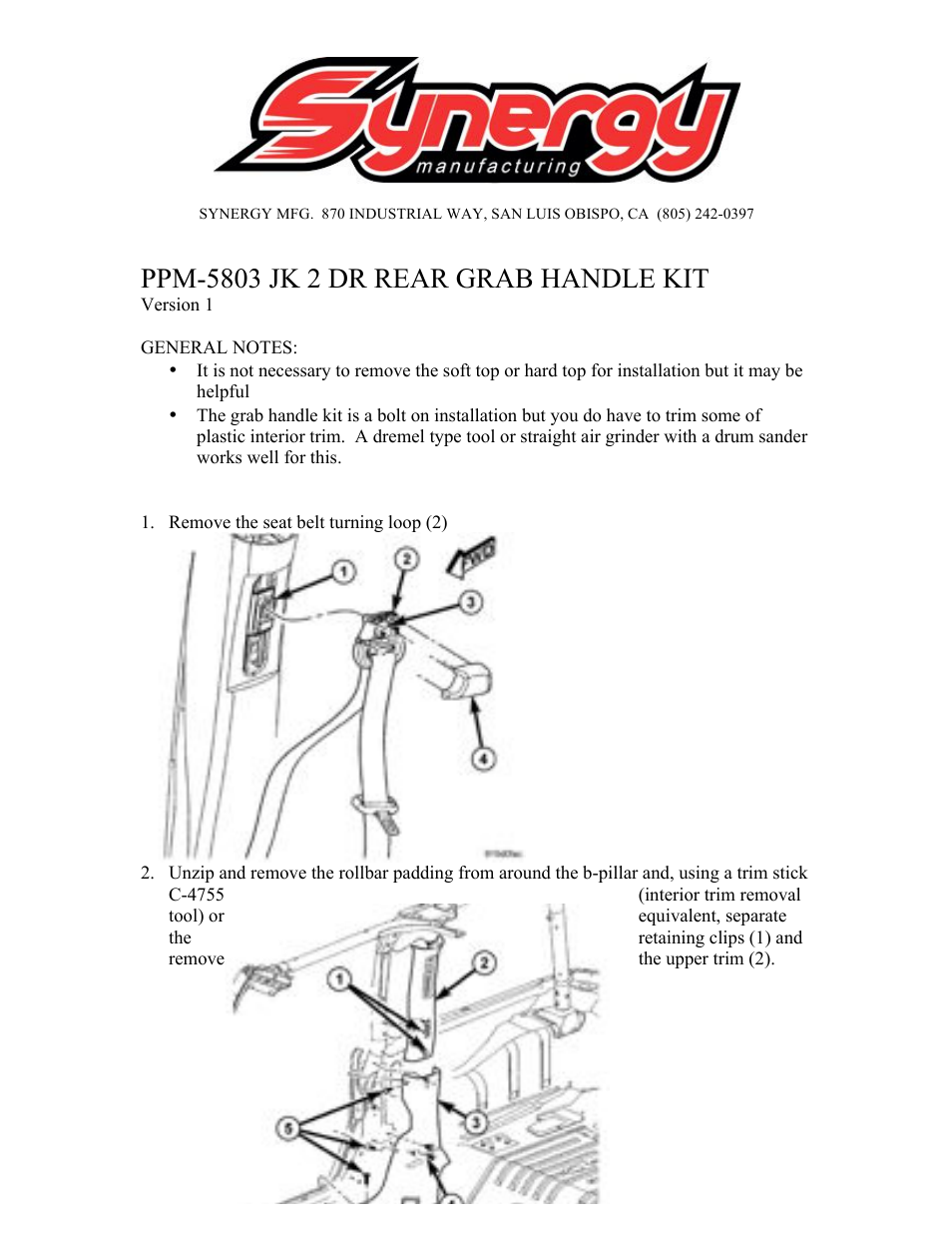Synergy 5803 - Jeep JK 2 Dr Rear Grab Handle Set User Manual | 8 pages