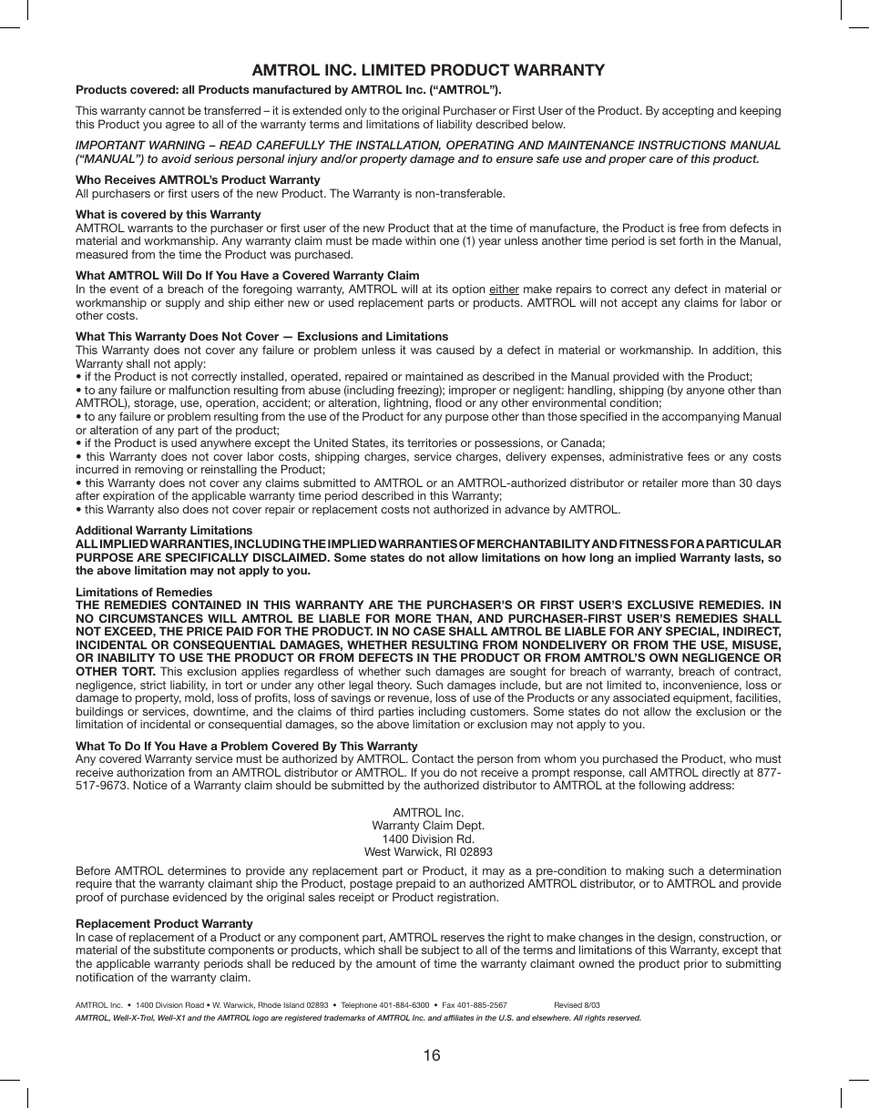 16 amtrol inc. limited product warranty | Amtrol WELL-X1 User Manual | Page 16 / 16