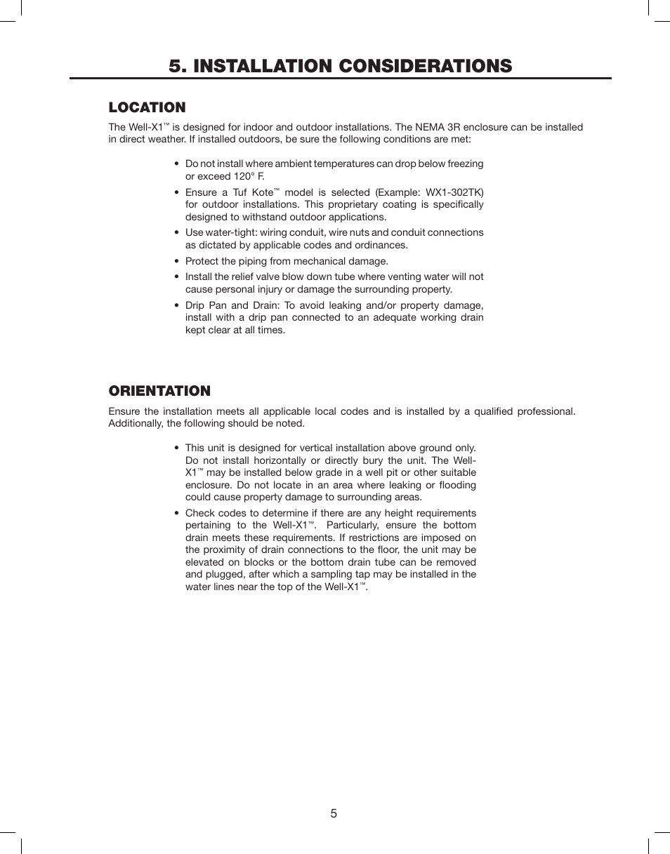 Installation considerations, Location, Orientation | Amtrol WELL-X1 User Manual | Page 5 / 16