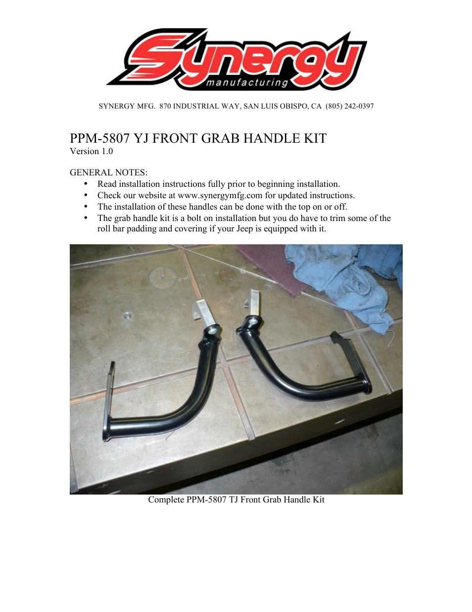 Synergy 5807 - Jeep YJ Cage Handles User Manual | 4 pages