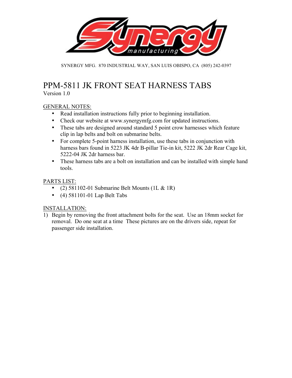 Synergy 5811 - JK Front Seat Harness Mounting Tabs User Manual | 6 pages