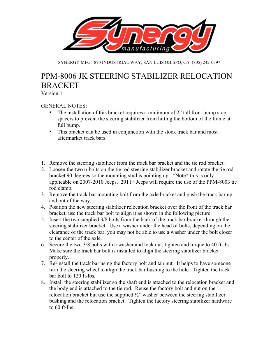 Synergy 8006 - Jeep JK Steering Stabilizer Relocation Kit User Manual | 2 pages