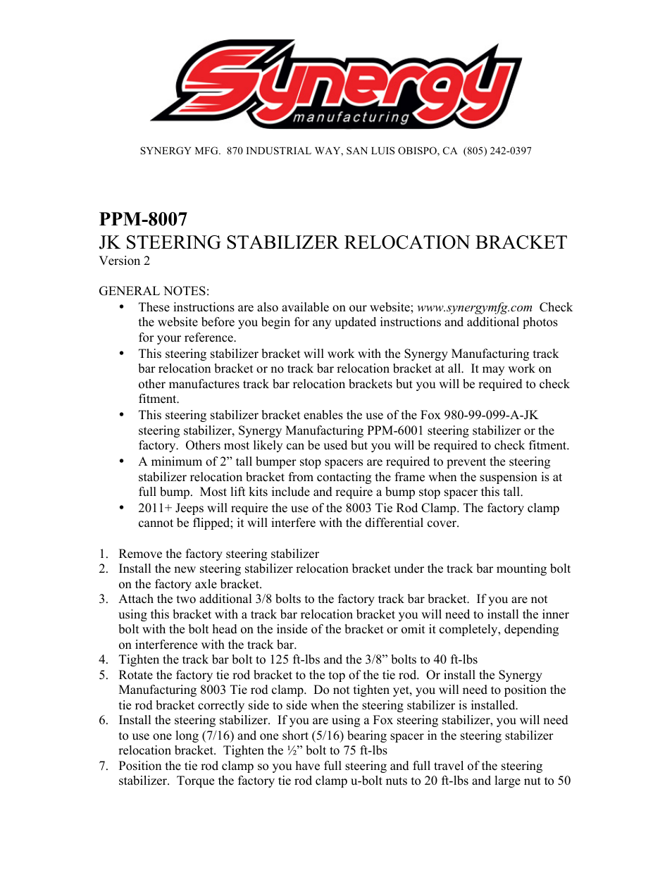 Synergy 8007 - Jeep JK Stabilizer Relocation Bracket User Manual | 3 pages