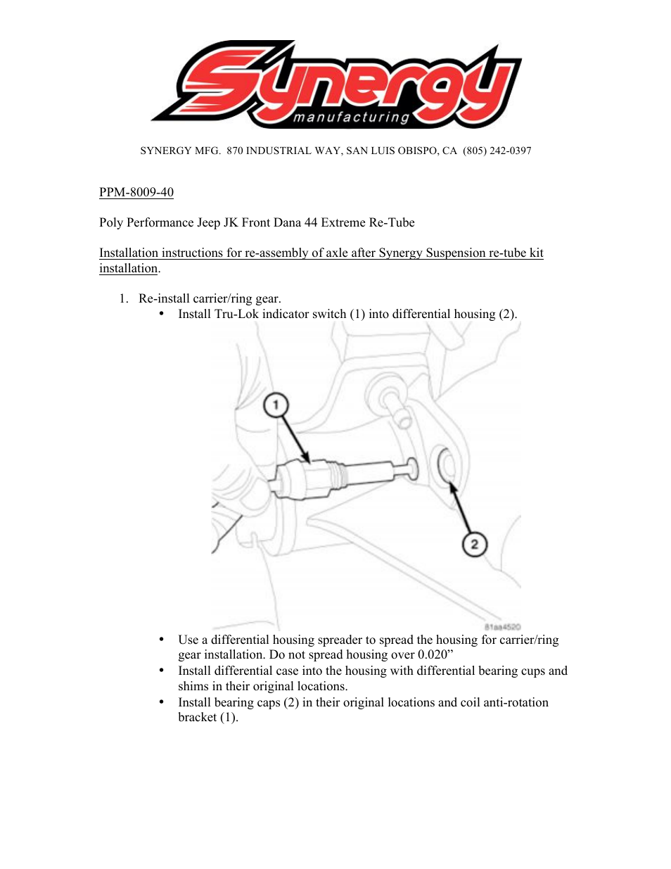 Synergy 8009-40 - Jeep JK Front Axle Re-Tube Kit User Manual | 7 pages